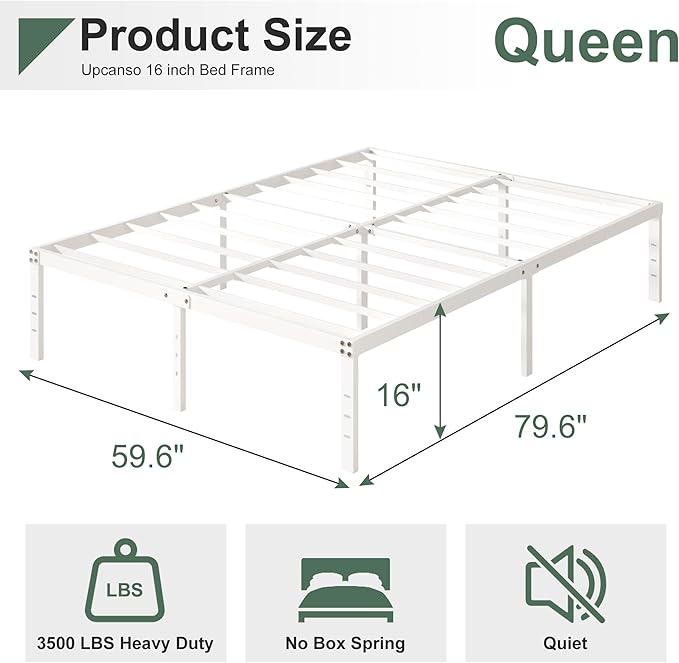 Upcanso 16 Inch White Queen Bed Frame No Box Spring Required, Metal Platform Queen Size Bed Frames with High Storage, Eassy Assembly 3,500 lbs Heavy Duty Bedframes