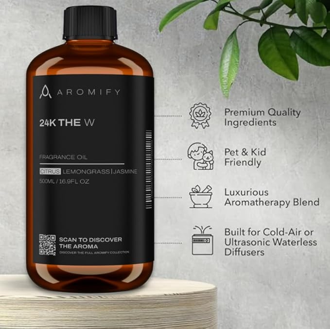 24K The W Diffuser Oil, 16.9 FL Oz 500 mL, Luxury Hotel Scent for Home, Bathroom, Spa & Office, Natural Essential Oil, Citrus, Lemongrass & Jasmine Scents
