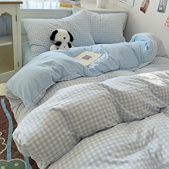 Nayoroom Gingham Duvet Cover King Size Reversible Blue Plaid Checkered Duvet Cover 3 Pieces Soft Breathable Washed Microfiber Girls Dorm Bedding Set for All Seasons