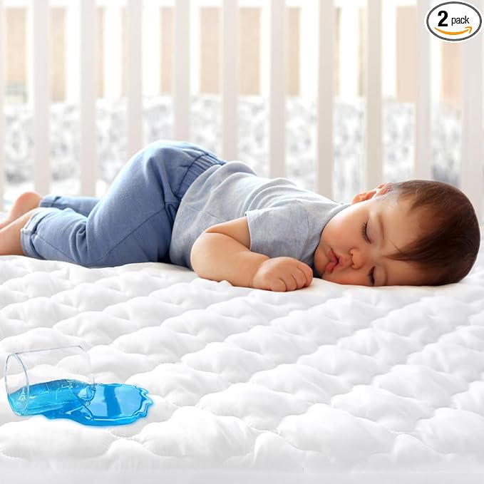Crib Mattress Protector Sheets Fitted Waterproof Mattress Pad Cover, Noiseless & Machine Wash 100% Absorbent Mattress Protector Sheet Quilted White, 52" x 28", 2 Pack