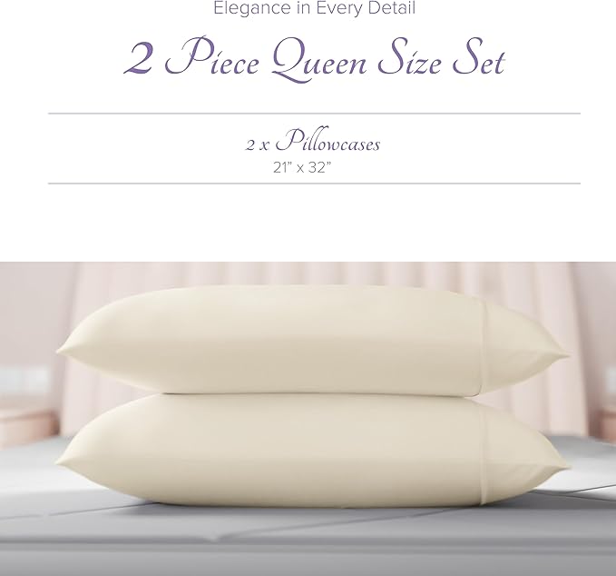 Carressa Linen 100% Egyptian Cotton Pillow Cases Queen Size Set of 2 - Luxury 600 Series Hydrangeas Collection Queen Size Pillowcases (Ivory), Cooling Sateen Weave Hotel Quality Bed Pillow Cover