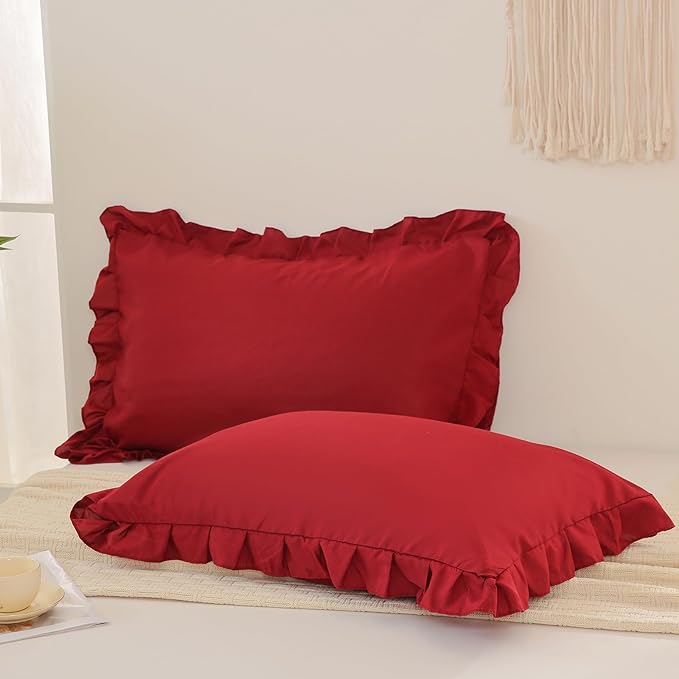 Merryword Burgundy Pillow Shams Standard Pillowcases 20x26inch Cute Ruffle Solid Pillow Cover Set of 2 Shabby Chic Soft Red Pillowcases