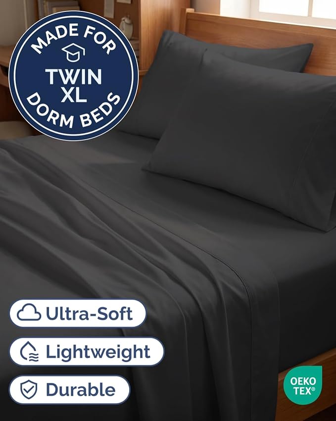 Twin XL 4 Piece Sheet Set - Comfy Breathable & Cooling - Hotel Luxury Bedding for Women, Men, Kids, Teens & Children - 1 Flat & 1 Fitted Sheet & 2 Pillowcases w/ Deep Pockets - Wrinkle Free - Charcoal