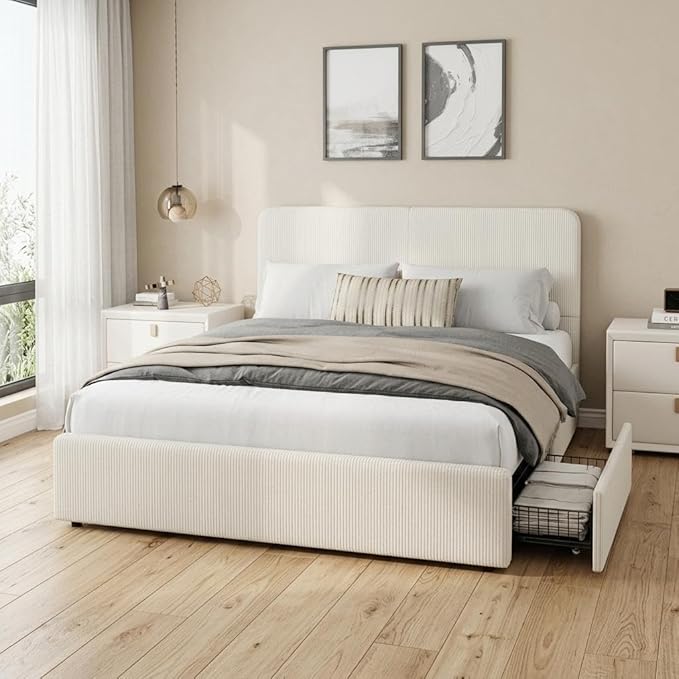 GarveeHome Modern Upholstered Platform Bed Frame with Headboard and Storage Drawers – Sturdy Wood Slats, Faux Leather, Noise-Free, No Box Spring Needed, Easy Assembly – Full Size, Beige Corduroy