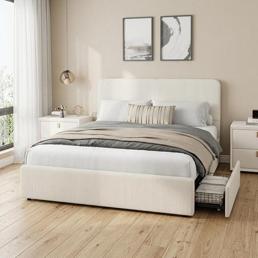 GarveeHome Modern Upholstered Platform Bed Frame with Headboard and Storage Drawers – Sturdy Wood Slats, Faux Leather, Noise-Free, No Box Spring Needed, Easy Assembly – Full Size, Beige Corduroy