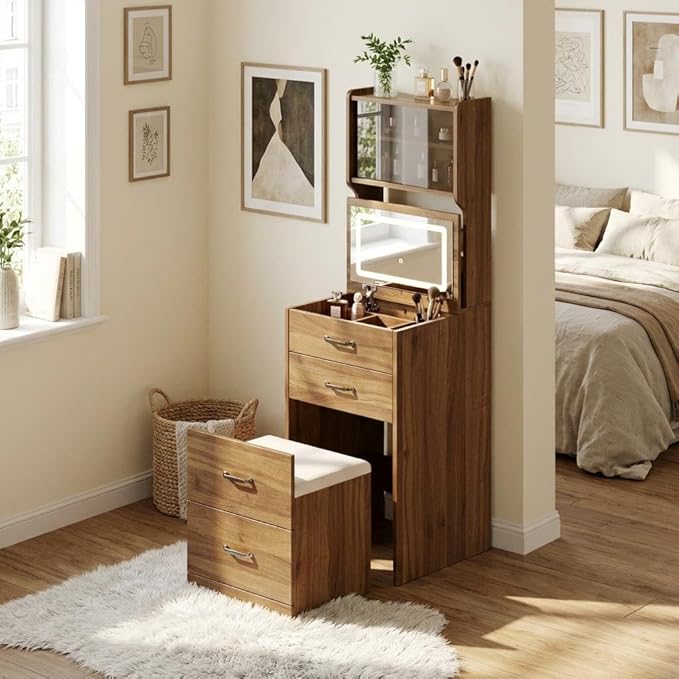 Garvee 3 in 1 Vanity Desk with 3 Color LED, Compact Makeup Vanity Set with 2 AC Outlets & USB, Dressing Table with Drawers & Acrylic Doors, Nightstand Vanity Mirror, Jewelry Box, Hidden Chair, Walnut
