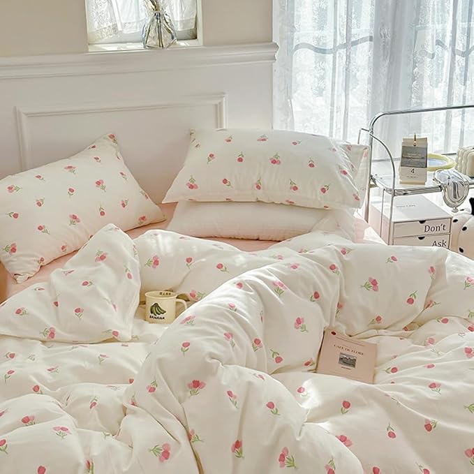 Nayoroom Pink Floral Duvet Cover Twin Size Cute Tulip Printed on White Comforter Cover 2Pcs Kids Girls Kawaii Cottagecore Bedding Set with Zipper Closure Soft Breathable Microfiber