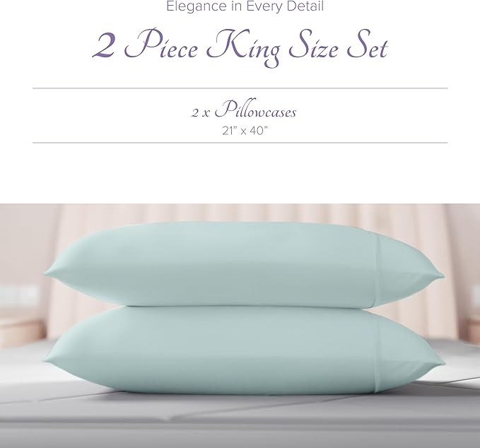 Carressa Linen 100% Egyptian Cotton King Size Pillow Cases Set of 2 - Luxury 600 Series Hydrangeas Collection King Pillowcases (Sea Foam), Soft Cooling, Sateen Weave Hotel Quality Bed Pillow Cover