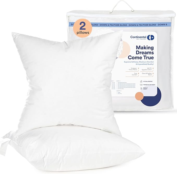 Continental Bedding | 10/90 Down and Feather Throw Pillow Insert | 100% Cotton 250TC Shell | Medium Loft Decorative Cushion | 22x22 | 2 Pack