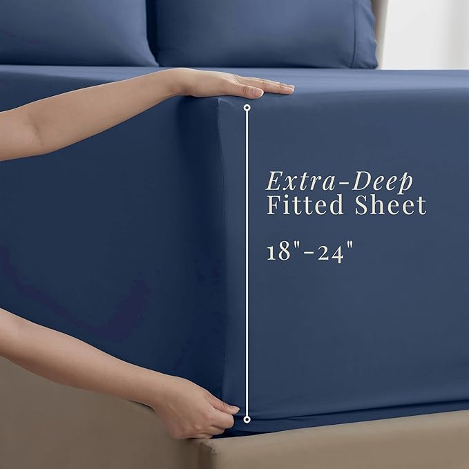 Hearth & Harbor Extra Deep Pocket Sheets - Fits Mattress 18-24 Inches Deep - Extra Deep Pocket Twin Sheets Sets - 4 Piece Twin Size - Navy Blue