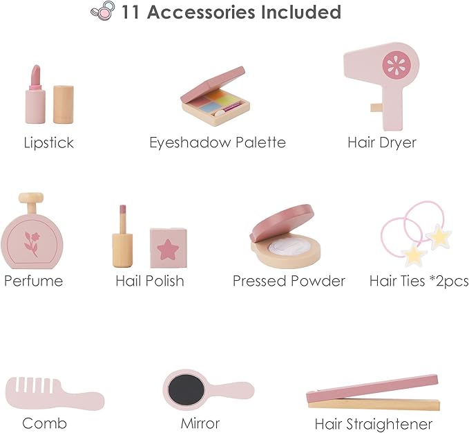 Leeshyah Kids Vanity Set for Little Girls with Touch-Button 3-Color Light Mirror, Wooden Pretend Play Makeup Table with 11 Accessories, Toddler-Sized Beauty Desk for Ages 3+
