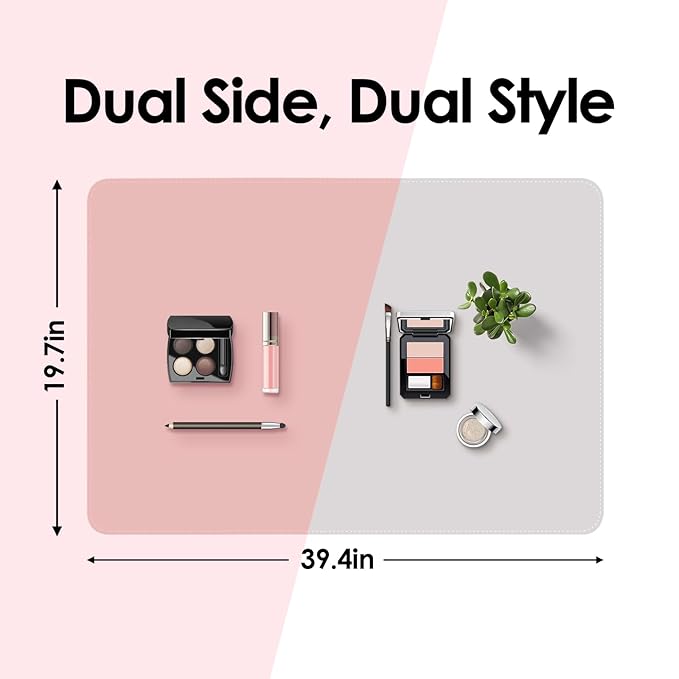 Makeup Mat for Vanity to Protect Desk Top 39.4 x 19.7 in, Dual-Sided Makeup Mat, Easy to Clean Desk Pad - Waterproof and Oilproof Vanity Accessories (Pink and Silver)