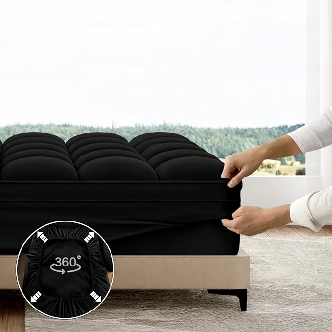 ABENE Mattress Topper for Back Pain Relief, Extra Thick Mattress Pad Pillowtop, Soft Mattress Protector Cover with 8"-21" Deep Pocket, Overfilled Down Alternative Filling (Black, Full XL)