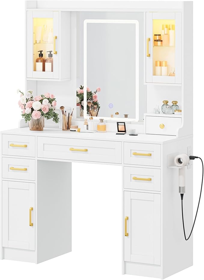 KAMABOKO Vanity Desk with Mirror and Lights, Makeup Vanity Table with Drawers & Shelves, Power Outlet, Dressing Table with Jewelry Storage for Bedroom (043 White)