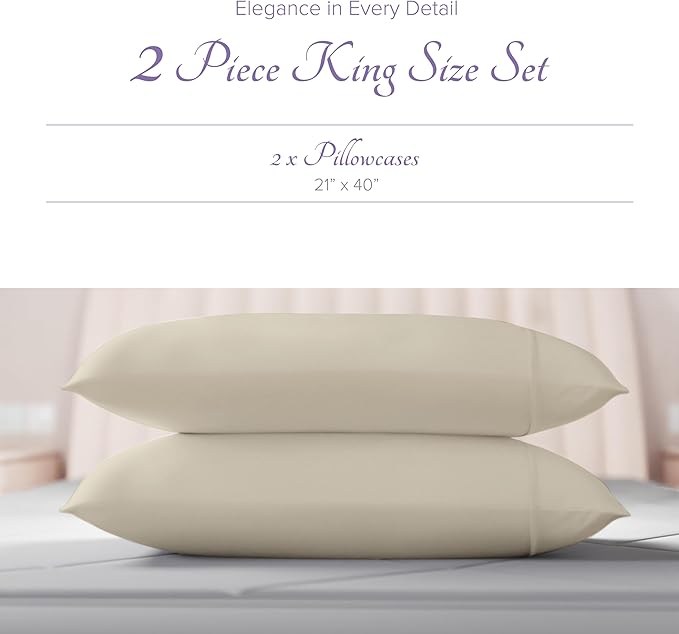 Carressa Linen 100% Egyptian Cotton King Size Pillow Cases Set of 2 - Luxury 600 Series Hydrangeas Collection King Pillowcases (Sand), Soft Cooling, Sateen Weave Hotel Quality Bed Pillow Cover
