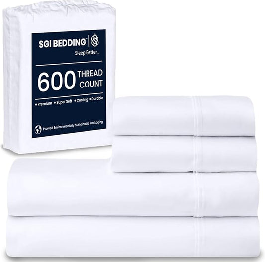 SGI bedding RV Short Queen Sheet Set 60x75, 600 TC Egyptian Cotton, 4 Piece Luxury Hotel Collection, Ultra Soft & Breathable, Fits RV Mattress Camper & Trailer, 15 Inch Pocket, White