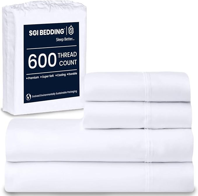 SGI bedding 100% Egyptian Cotton Sheets King Size – 600 Thread Count Sheets Set, Soft, Cooling, 15" Deep Pocket, Luxury Hotel Bedding, Breathable, Durable - White