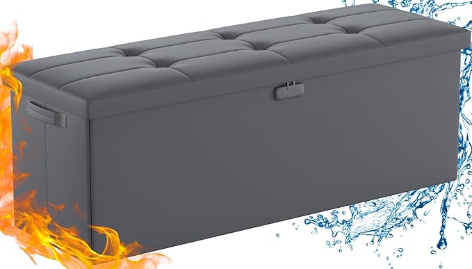 DocSafe Storage Ottoman Bench, Fireproof＆Waterproof Folding Bench with Lock(15”x 43”x15”), Leather Storage Chest with Handles＆2 Extra Boxes, Ottoman Safe for Bedroom,Living Room,Home Office, Gray