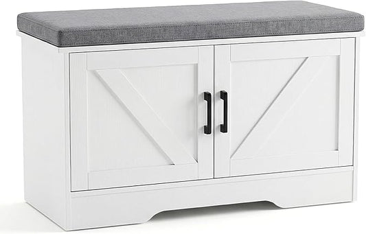 DUMOS Storage Bench, Shoe Organizer Cabinet with Thickened Padded Seat Cushion, Entryway Bench with 2 Doors & Adjustable Shelf for Hallway, Bedroom, Living Room, 28 inch, White