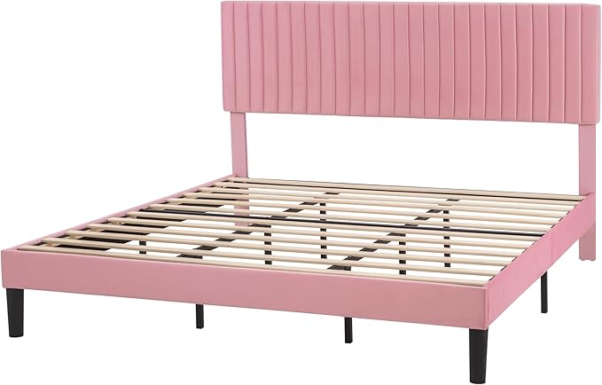 SHA CERLIN King Upholstered Platform Bed Frame with Adjustable Headboard/Vertical Channel Tufted Velvet Fabric/Wooden Slats Support/Mattress Foundation/Box Spring Optional/Pink