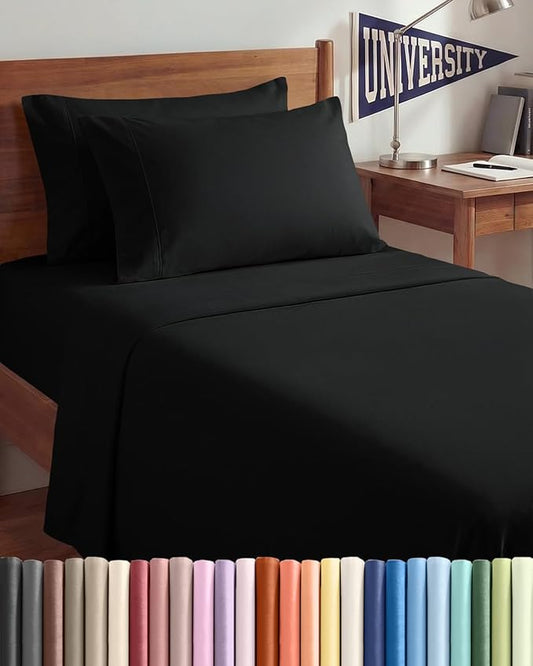 Twin XL 4 Piece Sheet Set - Comfy, Breathable & Cooling - Hotel Luxury Bedding for Women, Men, Kids, Teens and Children - 1 Flat & 1 Fitted Sheet & 2 Pillowcases w/ Deep Pockets - Wrinkle Free - Black