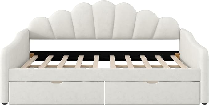 Merax Full Size Modern Upholstered Sofa Day Bed with Shall Shaped Backrest & Storage Drawers, Mutifunction Platform Bed with Wood Slat Support,Velvet Storage Bed Frame with Headboard/Twin, White