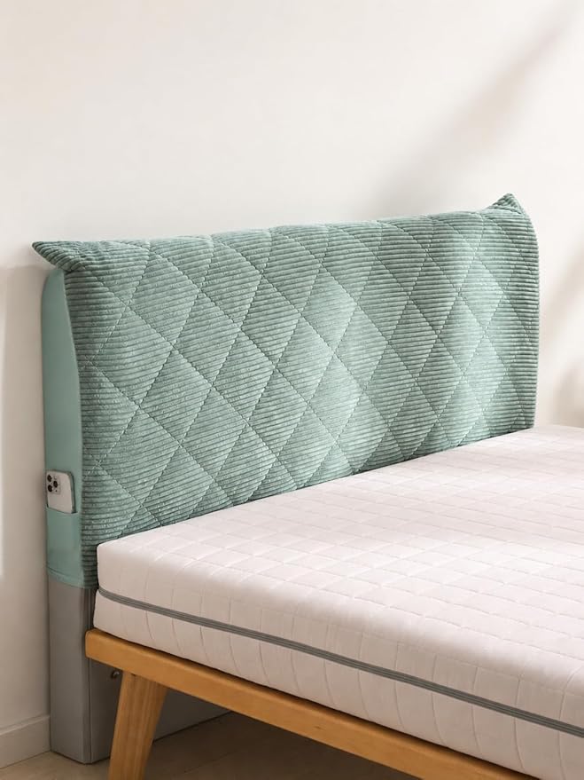 Corduroy Headboard Cover—Stretch-Quilted, Padded Dust-Proof Protective Cover (Fits Queen/King Beds), Machine-Washable Decorative Headboard Cover (Green, 75x27.5 inches)