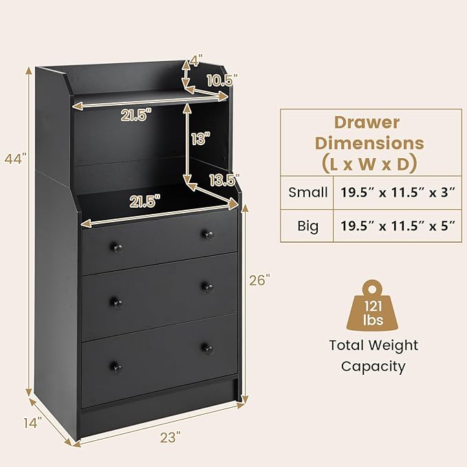 Tall 3 Drawers Dresser, Wood Chest of Drawers with 2 Open Shelves, Modern Nightstand with Anti-Toppling Device, Home Storage Cabinet Dresser Closet for Bedroom, Living Room, Entryway (Black)