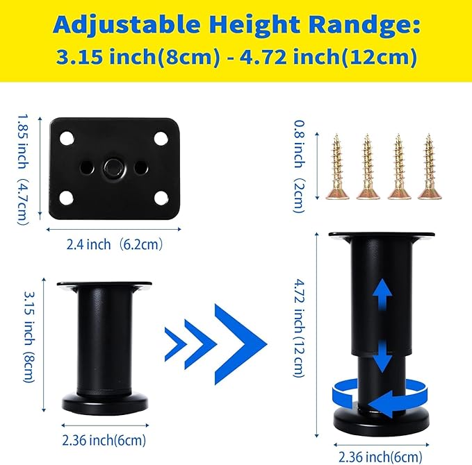 6 Pcs Adjustable Height Furniture Support Legs [with Screws] 3.15-4.72 inch, Metal Heavy Duty Furniture Replacement Legs for Chair/Bed/Sofa/Cabinet/Couch/Dresser/Bed/Table (Black)