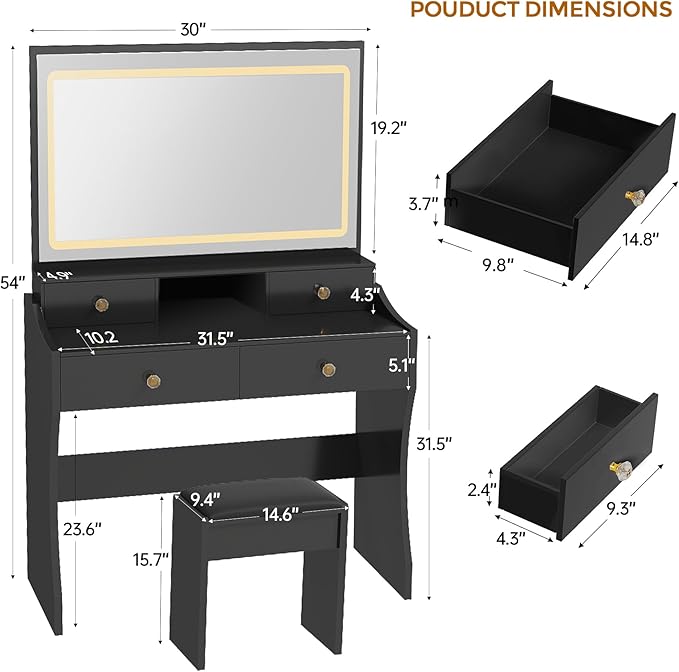 COMHOMA Vanity Desk with LED Lights Mirror & Power Outlet, Small Makeup Vanity Table Set with 5 Storage Drawers, 3 Lighting Modes & Adjustable Brightness, Dressing Table for Women Girls Bedroom, Black