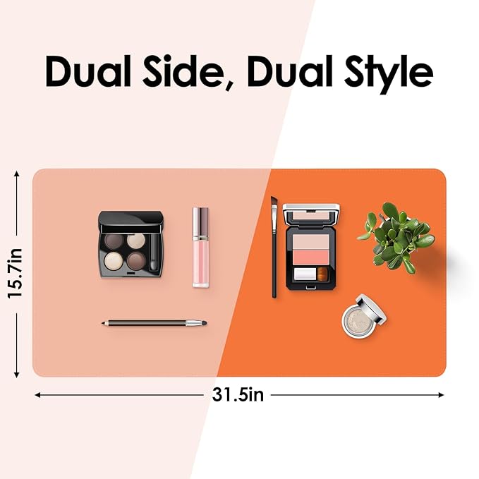 Makeup Mat for Vanity to Protect Desk Top 31.5 x 15.7 in, Dual-Sided Makeup Mat, Easy to Clean Desk Pad - Waterproof and Oilproof Vanity Accessories (Apricot and Orange)