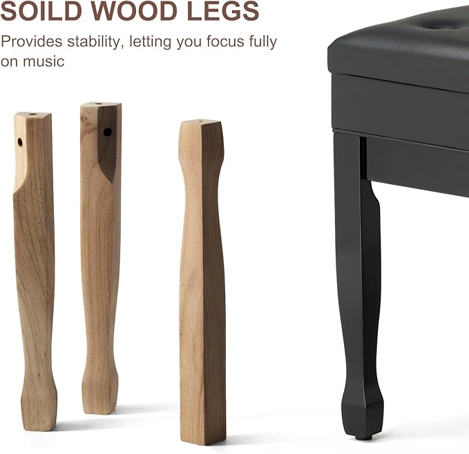 Adjustable Height Piano Bench Stool PU Leather Cushion Wooden Keyboard Seat with Music Storage (Black)