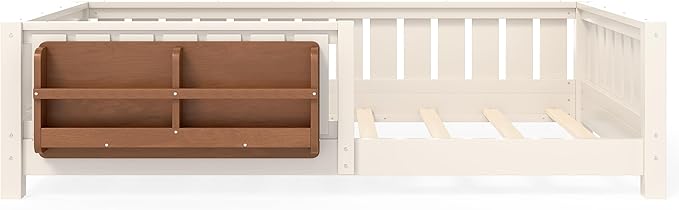 Bellemave Twin Size Kids Montessori Bed with Bookshelf,Solid Wood Twin Floor Bed Frame with Fence and Slats for Girls Boys,Low-Profile,Beige