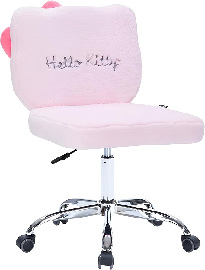 Impressions Vanity Hello Kitty Teddy Swivel Vanity Chair for Makeup Desk, Armless Rolling Chair with Wheels, Adjustable Height, 360 Degree Swing, Comfy Foam Padded Seat and Backrest (Teddy Pink)