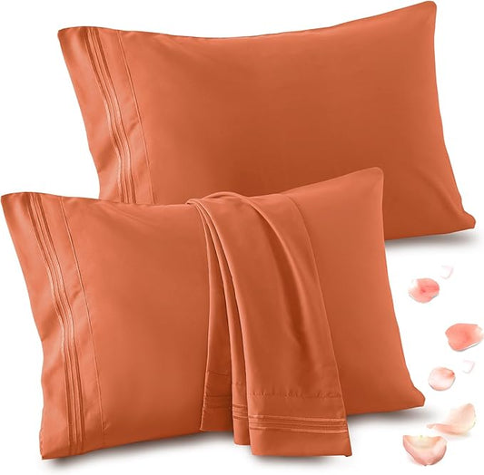 Vonty 2 Pack King Pillow Cases - 20x40 Inch, 1800 Thread Count Microfiber Pillowcases King Size Pumpkin Orange Pillow Cases Luxury & Soft Embroidered Bed Pillow Covers with Envelope Closure