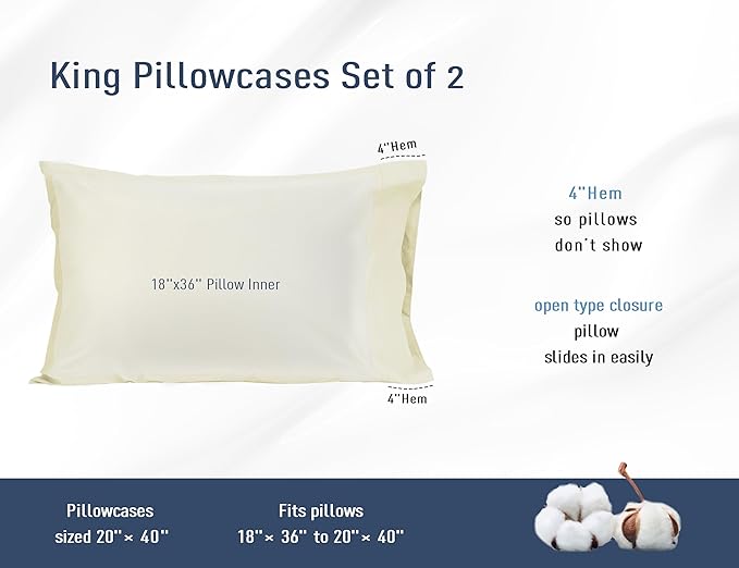 Pillow Cases, King Size Cotton Percale Weave Pillowcases, Pre-Shrunk Breathable and Hypoallergenic Pillowcases, Set of 2 (2 Piece King 20 Inch x 40 Inch, Cream)