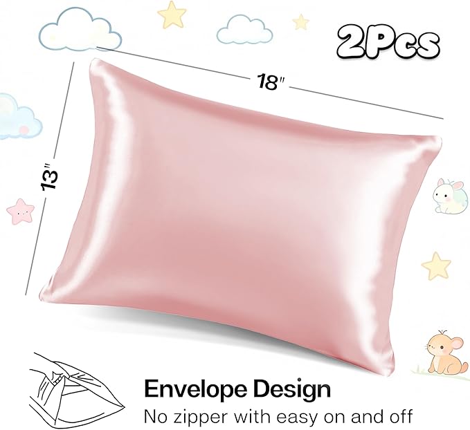 MR&HM Satin Pillowcase for Hair and Skin, Silk Satin Pillowcase 2 Pack, Toddler Size Pillow Cases Set of 2, Silky Pillow Cover with Envelope Closure (13x18, Light Pink)