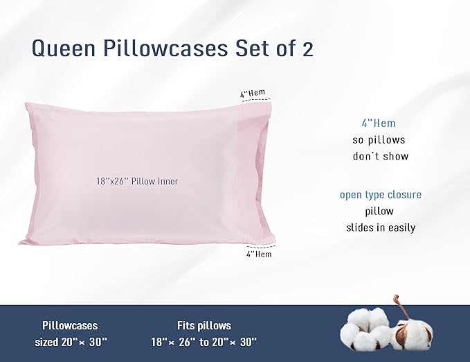 Pillow Cases, Standard Queen Size Cotton Percale Weave Pillowcases, Pre-Shrunk Breathable and Hypoallergenic Pillowcases, Set of 2 (2 Piece Standard/Queen 20 Inch x 30 Inch, Light Pink)