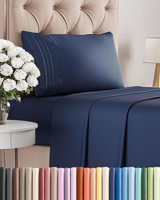 Twin Size 3 Piece Sheet Set - Comfy Breathable & Cooling Sheets - Hotel Luxury Bed Sheets for Women & Men - Deep Pockets, Easy-Fit, Extra Soft & Wrinkle Free Sheets - Navy Blue Oeko-Tex Bed Sheet Set