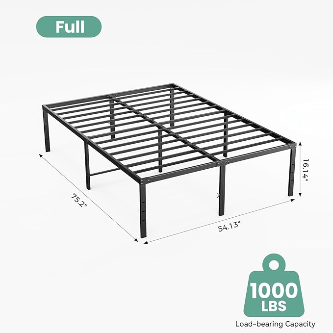 Sweetcrispy Full Size 16 Inch Platform Bed Frame, Heavy Duty Metal Foundation Frame, Noise-Free Sturdy Steel Slats, Underbed Storage, No Box Spring Needed, Quick Setup
