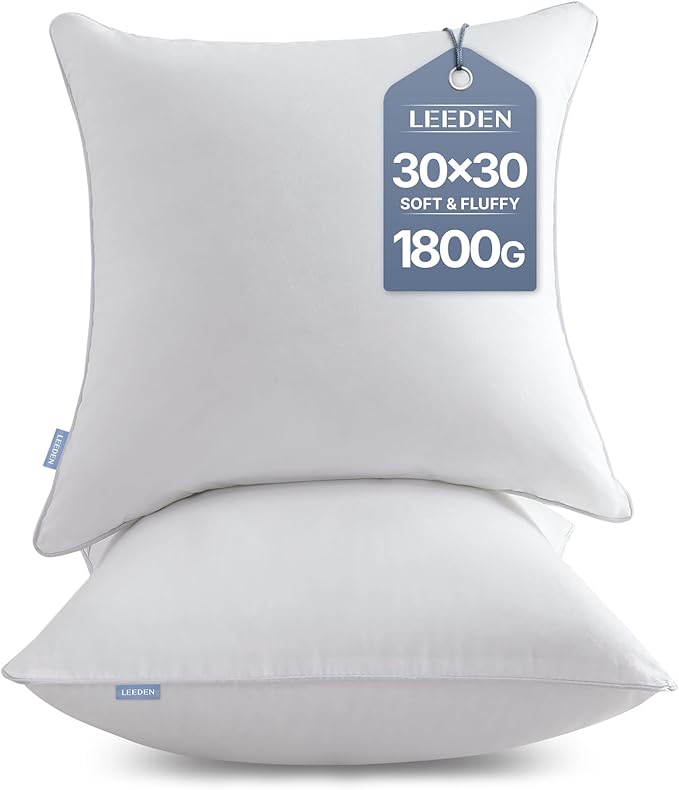 Leeden 30 x 30 Pillow Inserts (Set of 2) - Throw Pillow Inserts with 100% Cotton Cover - 30 Inch Square Interior Sofa Pillow Inserts - Decorative Pillow Insert Pair - White Couch Pillow