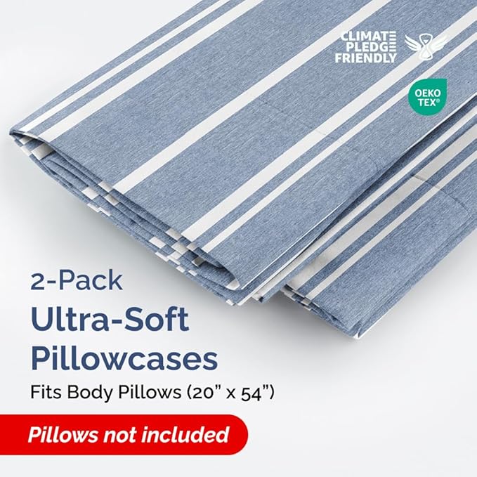 Body Pillowcases Set of 2-20x54 Long Body Pillow Case - Soft Body Pillow Cover for Sleeping & Side Sleepers - Comfy, Wrinkle & Fade Free - Machine Washable w/Envelope Enclosure Blue Stripes 3