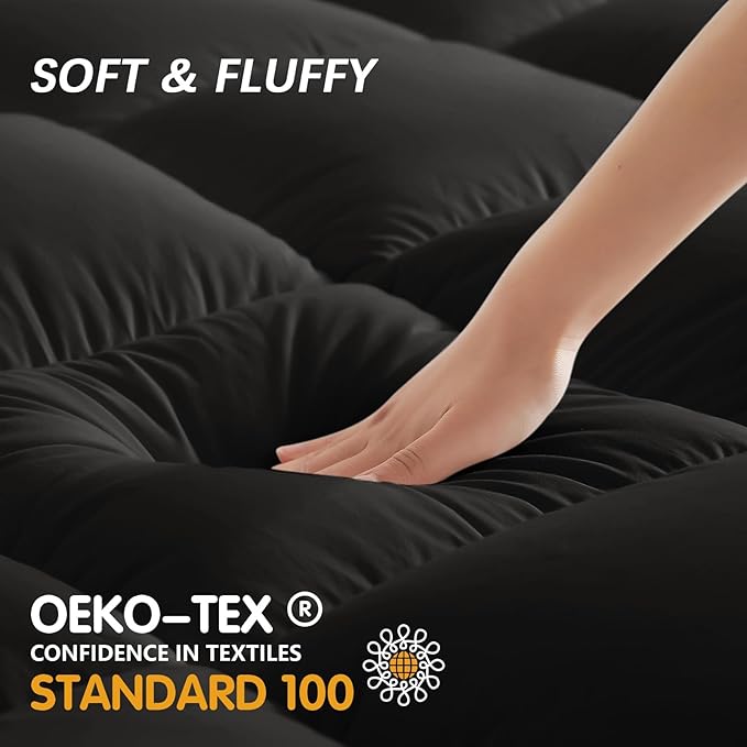 Mattress Topper Twin XL College Dorm, Bed Topper Twin XL Cooling Mattress Pad Cover for College, Black Pillow Top Mattress Topper with Deep Pockets, Breathable Fluffy Fill Mattress Protector