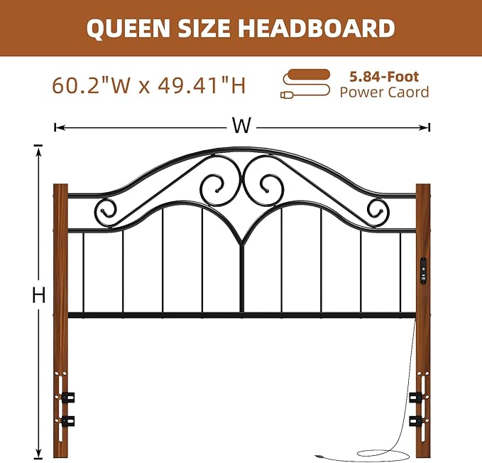 Elephance Headboard for Queen Size Bed Frame with Charging Station,USB and Type C Ports, Adjustable Height,Vintage Platform Bed Queen Headboard Only, Easy Assembly,Black