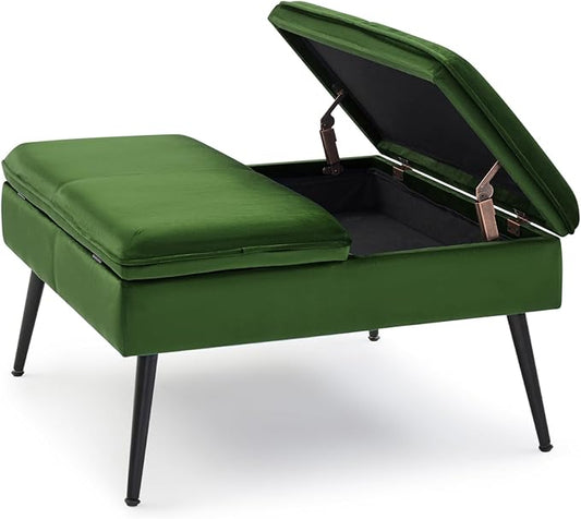 Square Ottoman with Storage, Large Oversized Ottoman Coffee Table, Double Flipping Lid & Mid-Century Modern & Velvet Style, Loads 660 lb, for Living Room, Bedroom, Entryway, Green