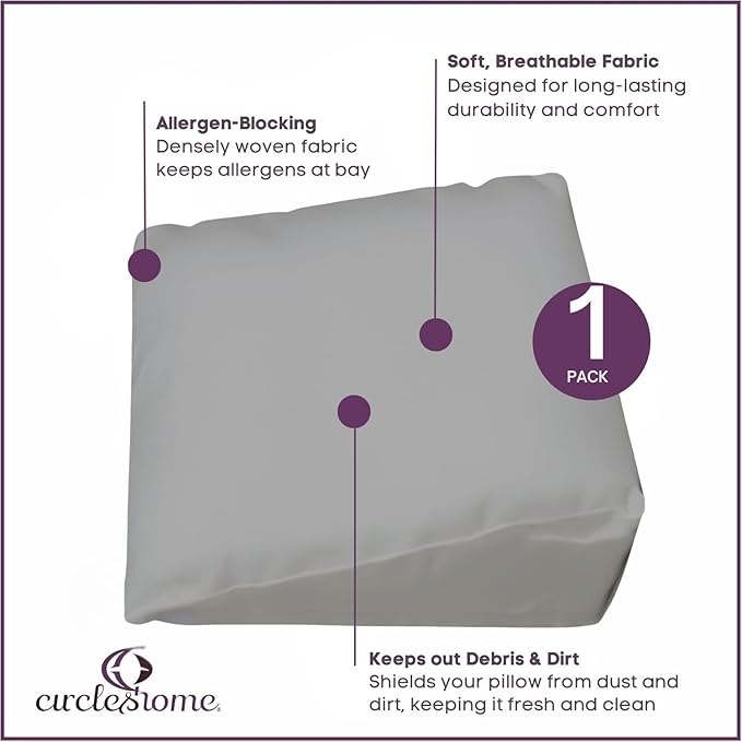 CirclesHome Wedge Pillow Cover 100% Cotton, Zippered Wedge Pillow Case Protector, Soft, Hypoallergenic & Breathable - Light Grey, (24Wx25Lx12)