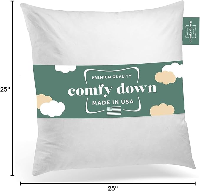 ComfyDown 25x25 Throw Pillow Insert, Down & Feather Fill, 100% Cotton Cover, Made in USA – Premium Soft Decorative Pillow Form Sham Stuffer for Bed, Sofa & Couch