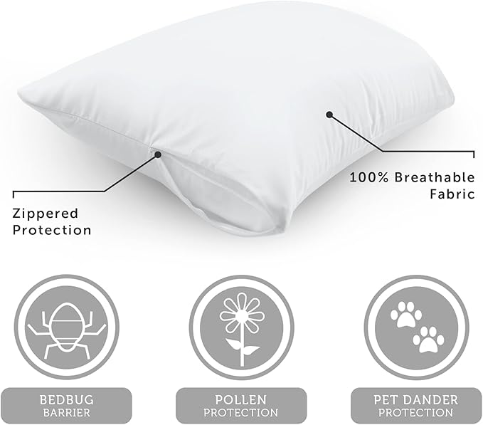 AllerEase 100% Breathable Cotton Pillow Protector for Sleeping, Standard 26" x 20" - 2 Pack