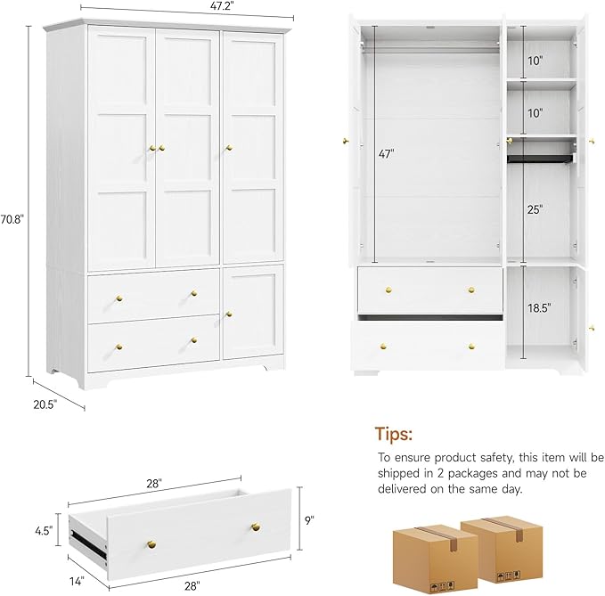 ONBRILL 3 Doors Wooden Wardrobe Closet Armoire with Pull Out Pants Rack, Bedroom Large Capacity Armoire with Drawers and Shelves, Storage Cabinet for Hanging Clothes, White