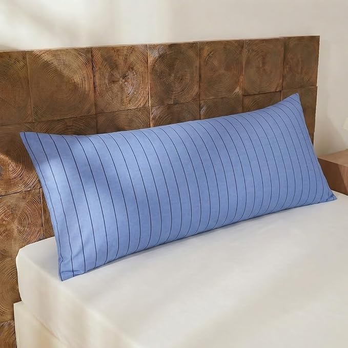 Merryword Body Pillow Cover 20x54inches, 100% Cotton Pillow Case, Denim Blue Striped Pillowcase, Luxury Linen Like Pillowcase, Soft Breathable Pinstripe Long Pillowcase, 1-Piece